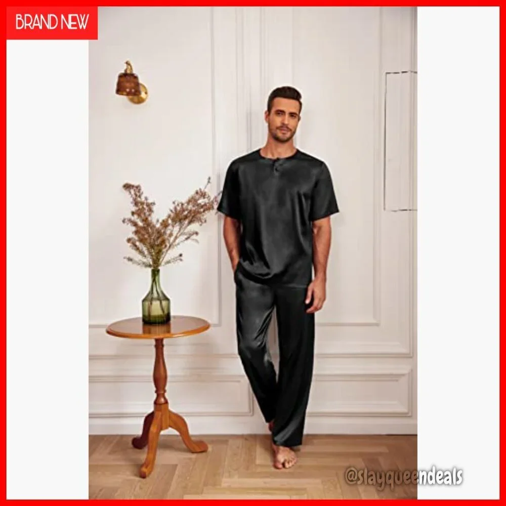 Men's Silk Satin Pajama Set Short Sleeve Lounge Sleepwear XXL